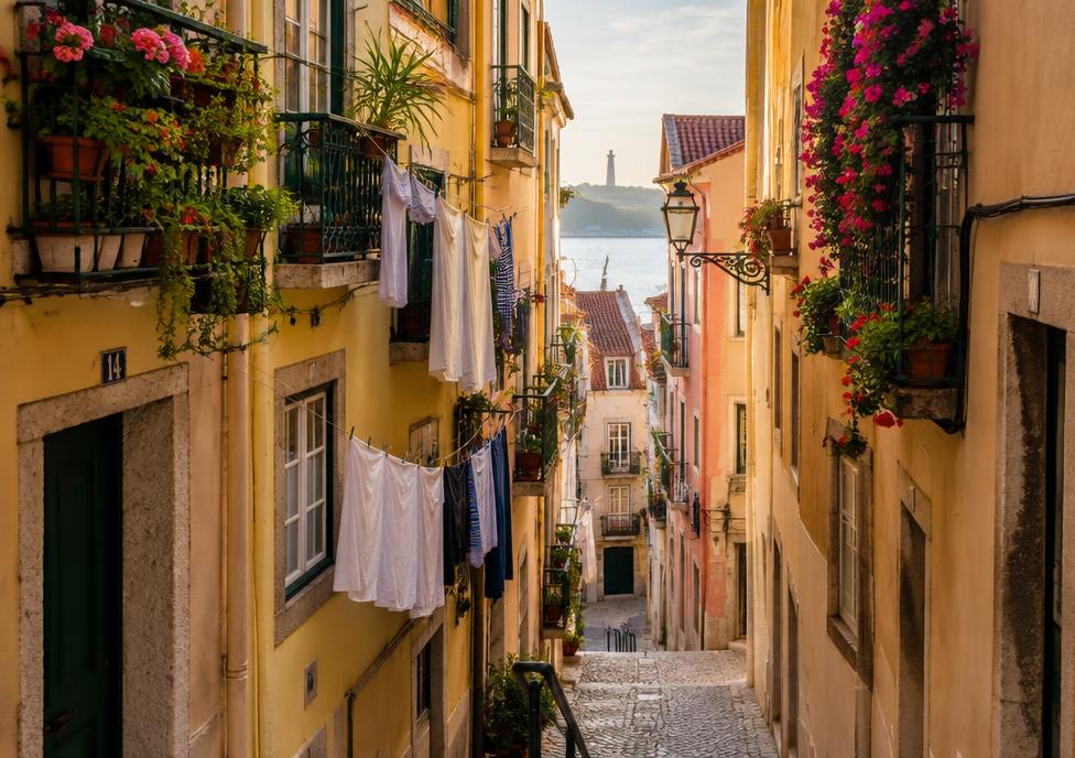 Narrow lane in the Alfama district of Lisbon with laundry and flowers